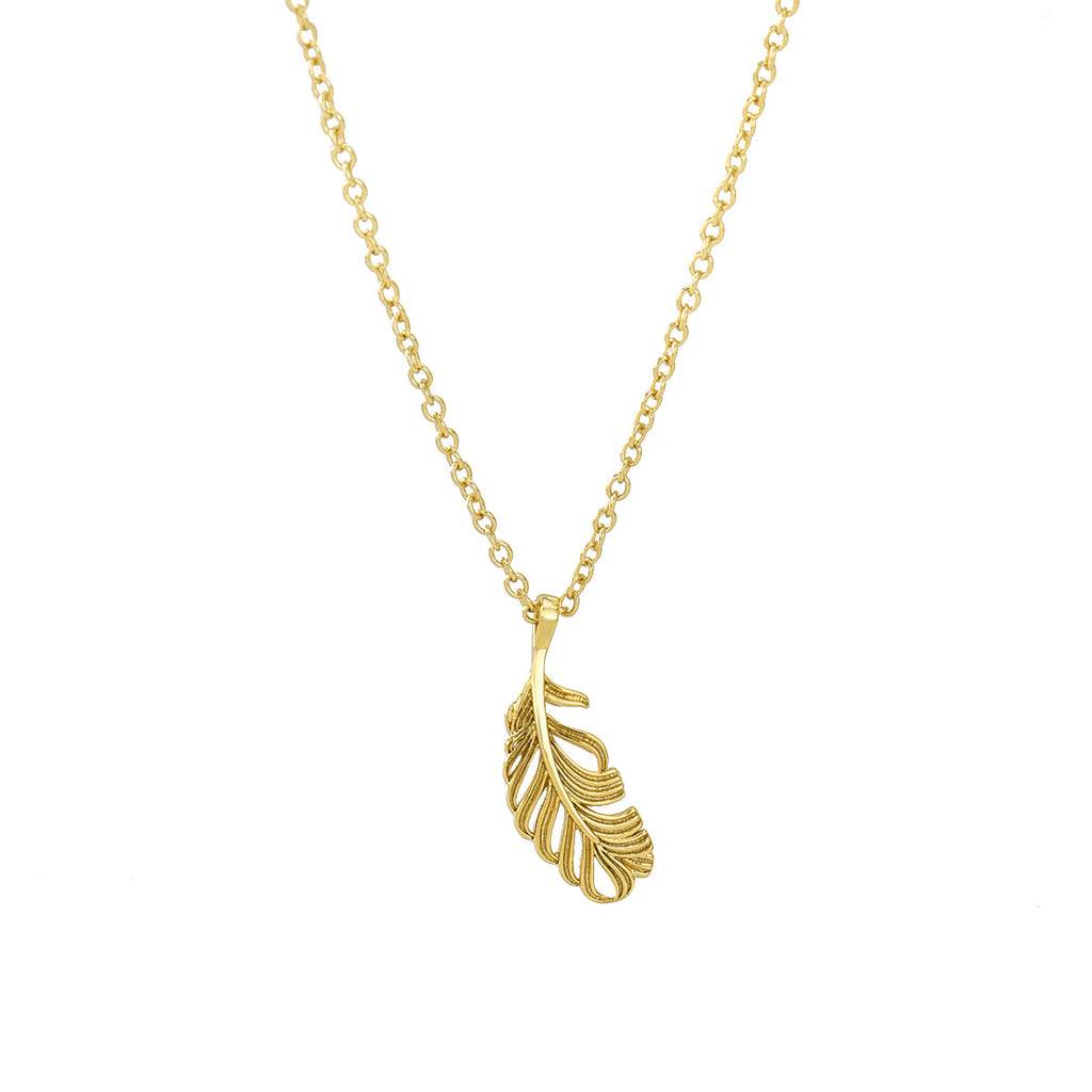 front detail of the cutout feather pendant and curved quill