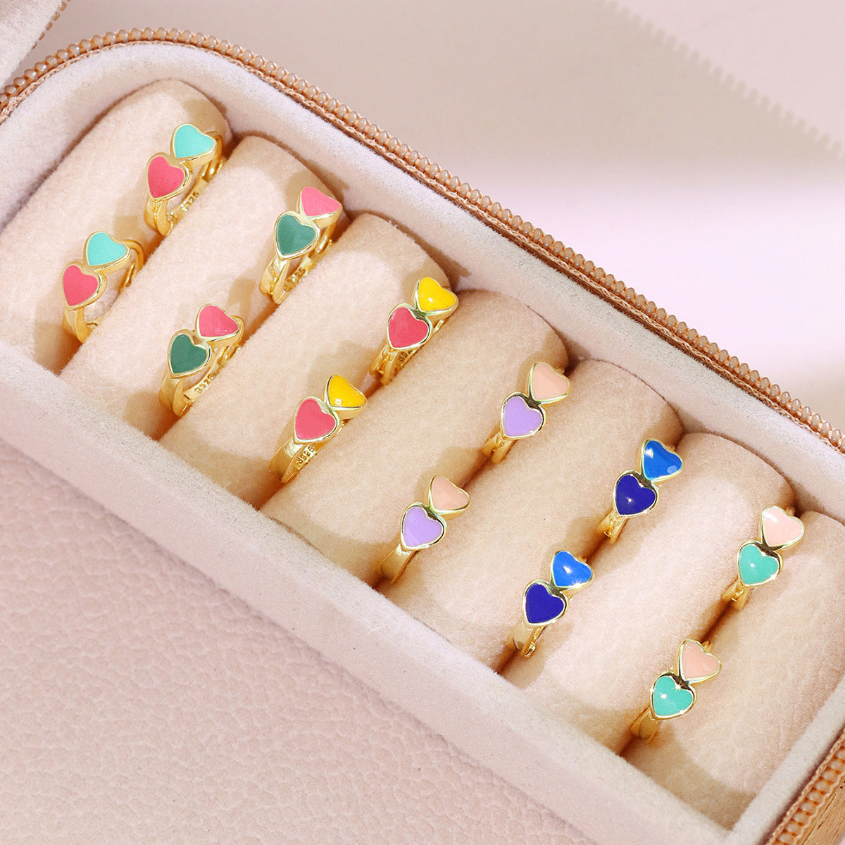 Gold plated 925 sterling silver colorful double heart hoop earrings