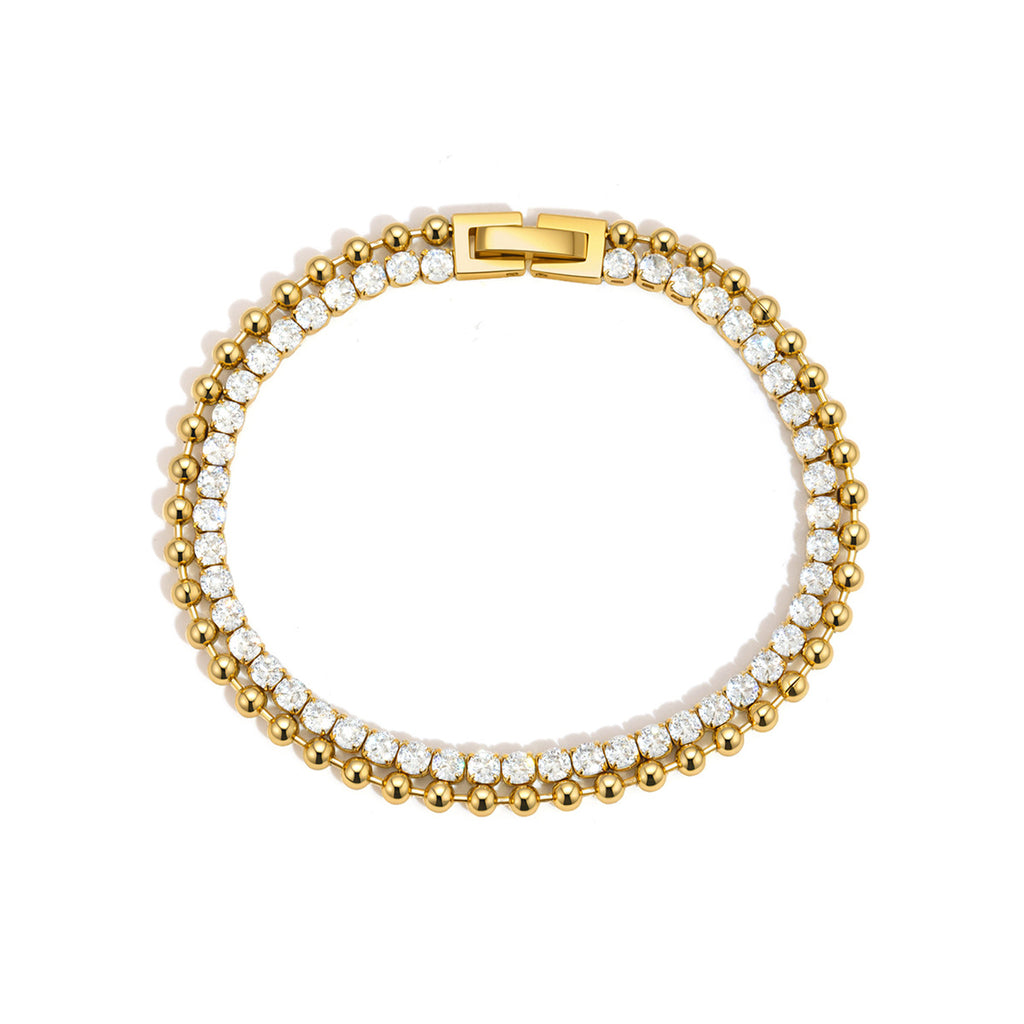 Connected bead and clear stone rows with rectangular clasp