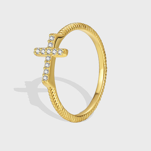 gold plated zirconia cross ring with textured band