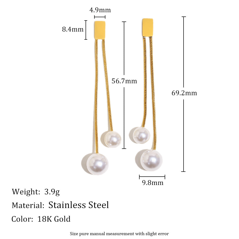 imitation pearl tassel earrings with 56.7 and 69.2 mm drop measurements