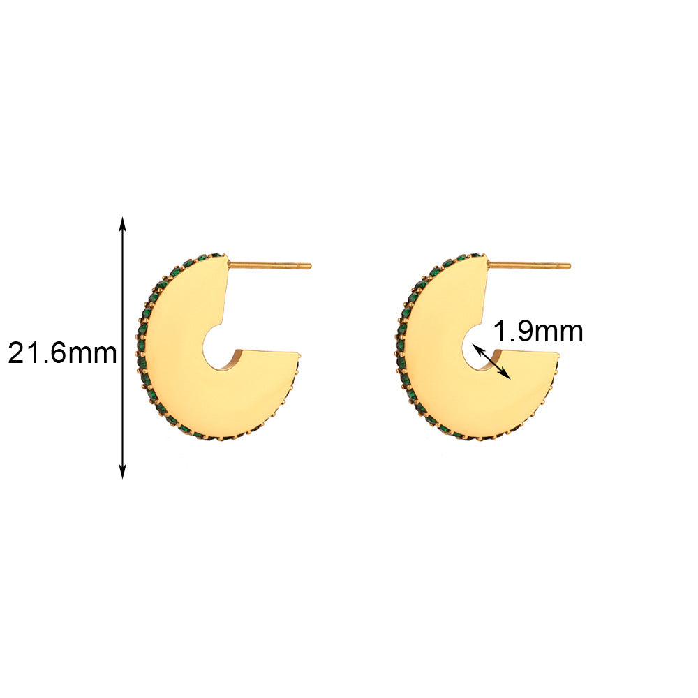 21.6 mm gold plated geometric C-hoops with green stone edges