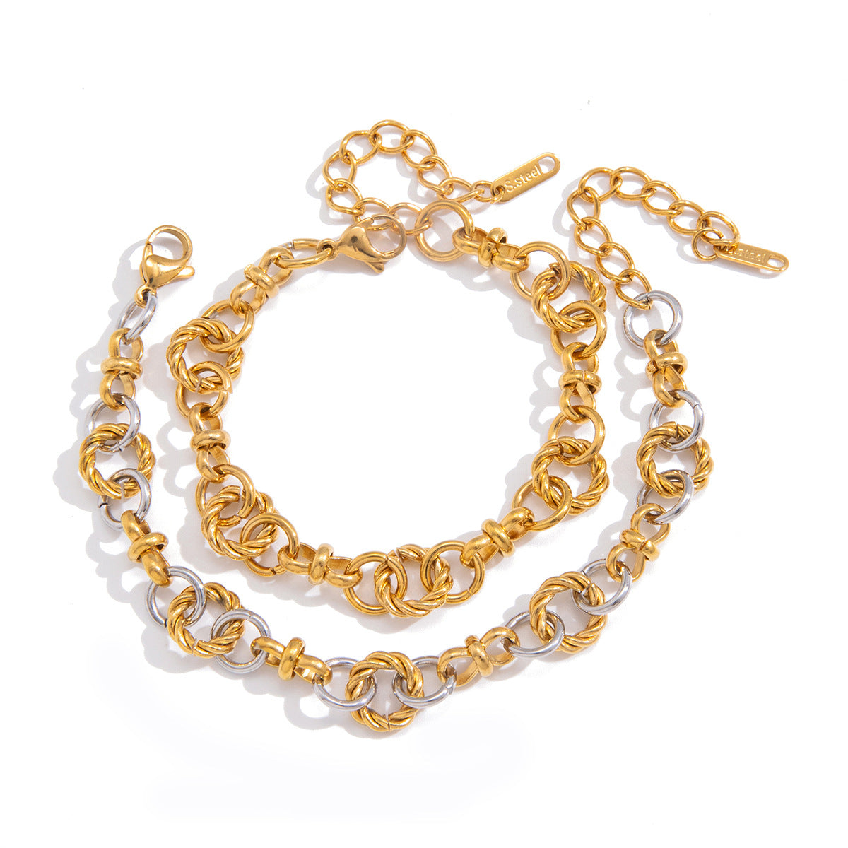 Two interlocking chain bracelet finish options