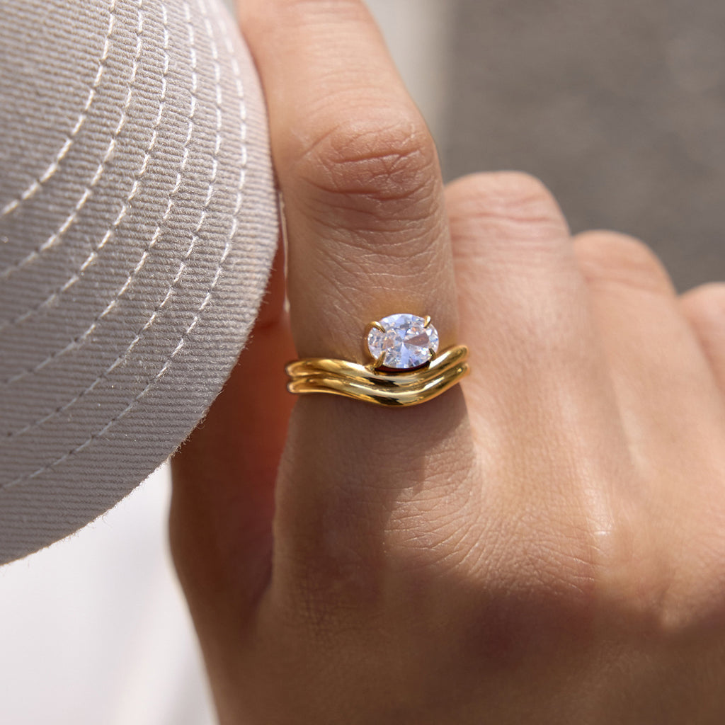 Gold tone clear solitaire ring in close-up on finger