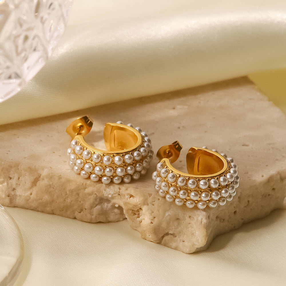 Gold Plated Pearl-Look Beaded Stainless Steel Hoop Earrings – product view 3