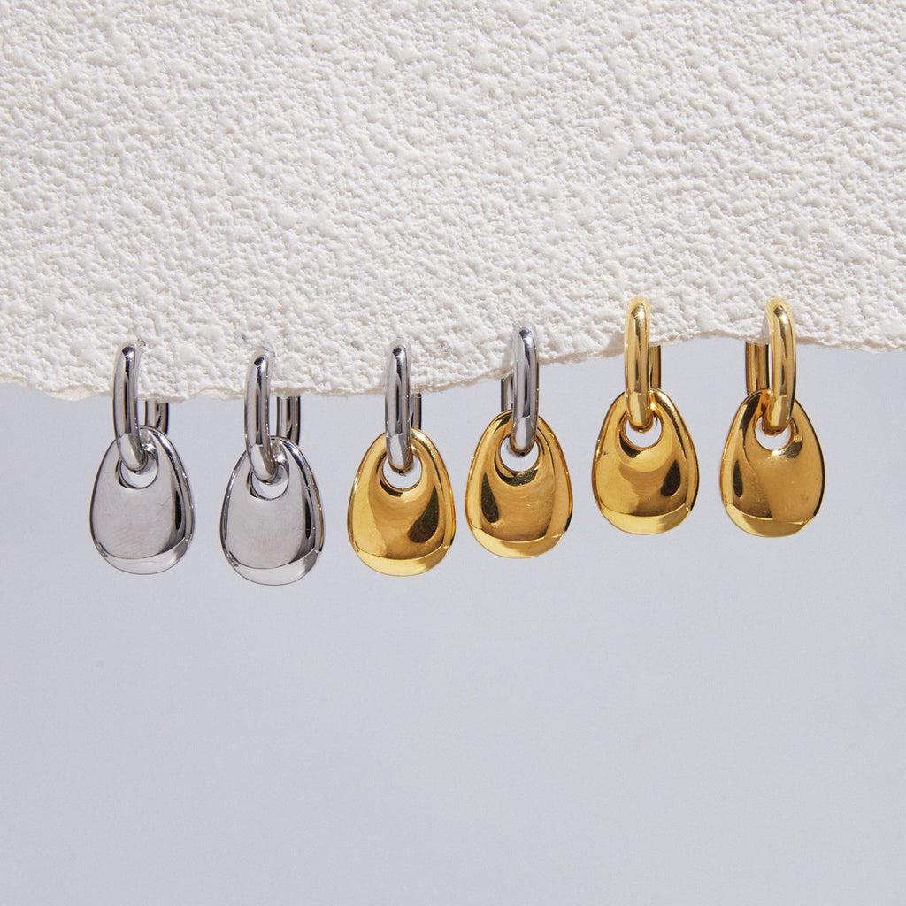 Pebble drop hoop earrings in silver gold and two tone