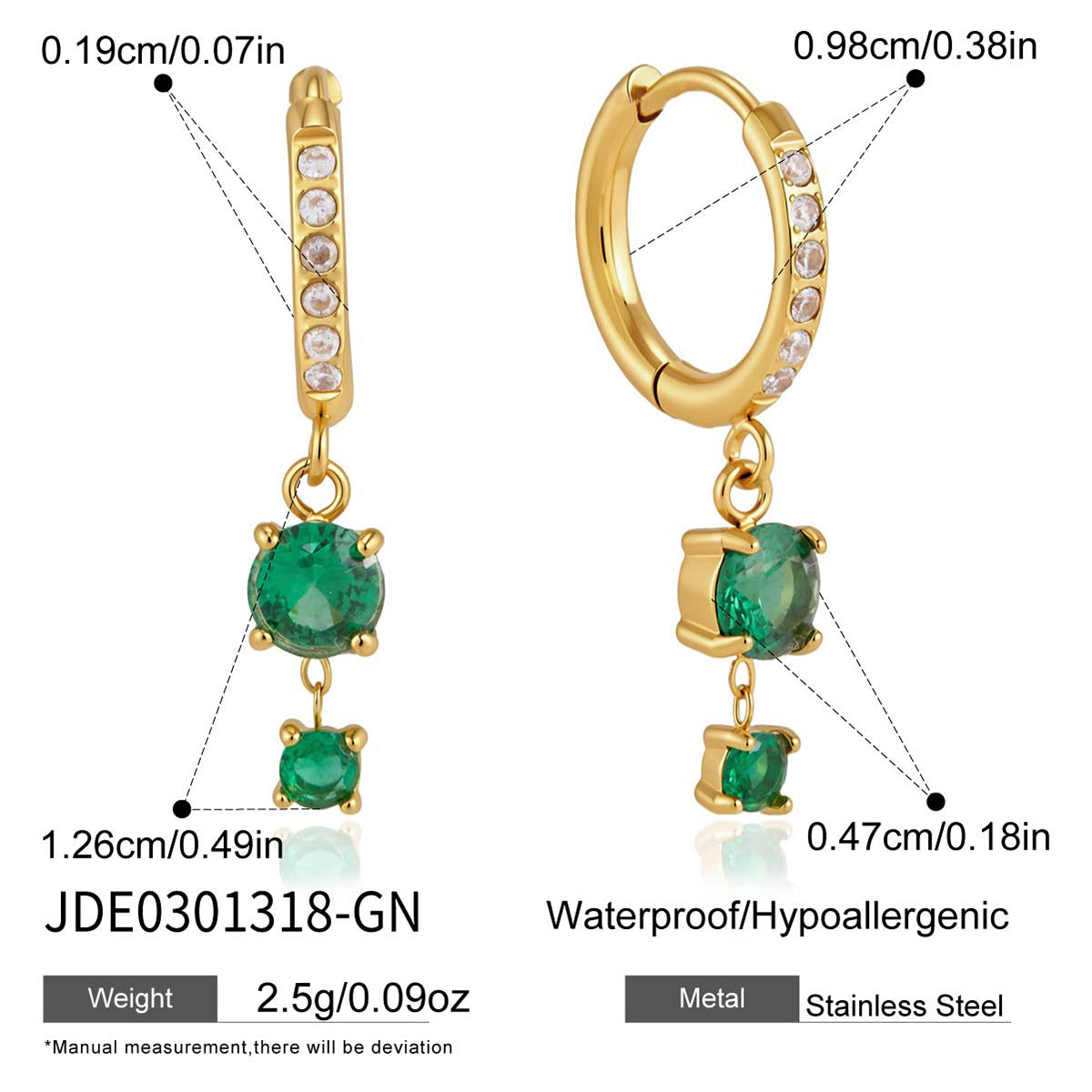 Gold tone huggie with green round drops and hinged closure