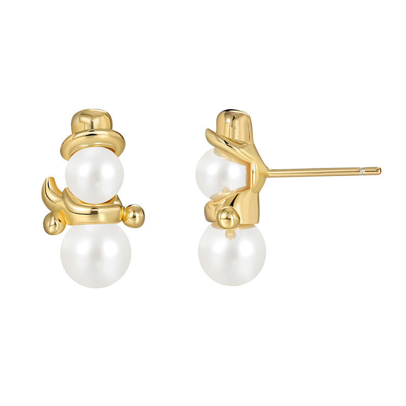 front and side view of two-pearl snowman stud earrings