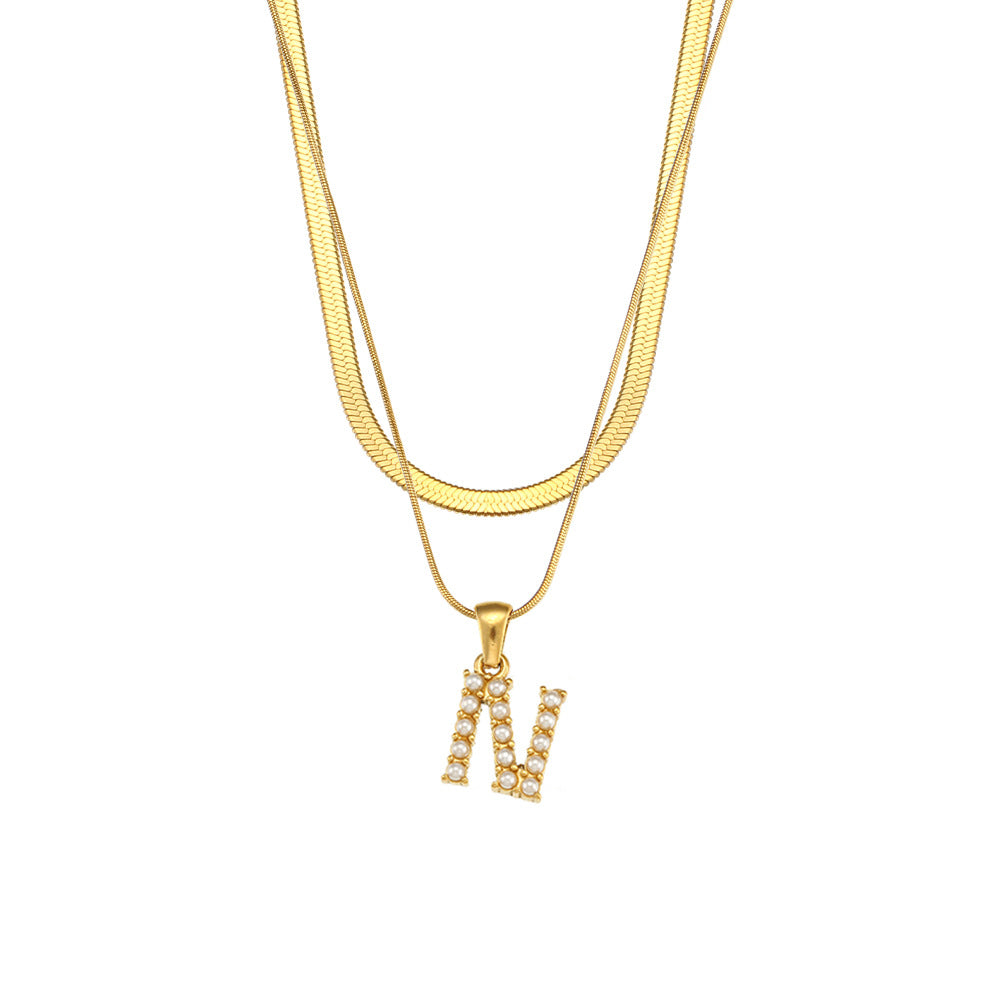 Imitation pearl letter N pendant on layered stainless steel chains