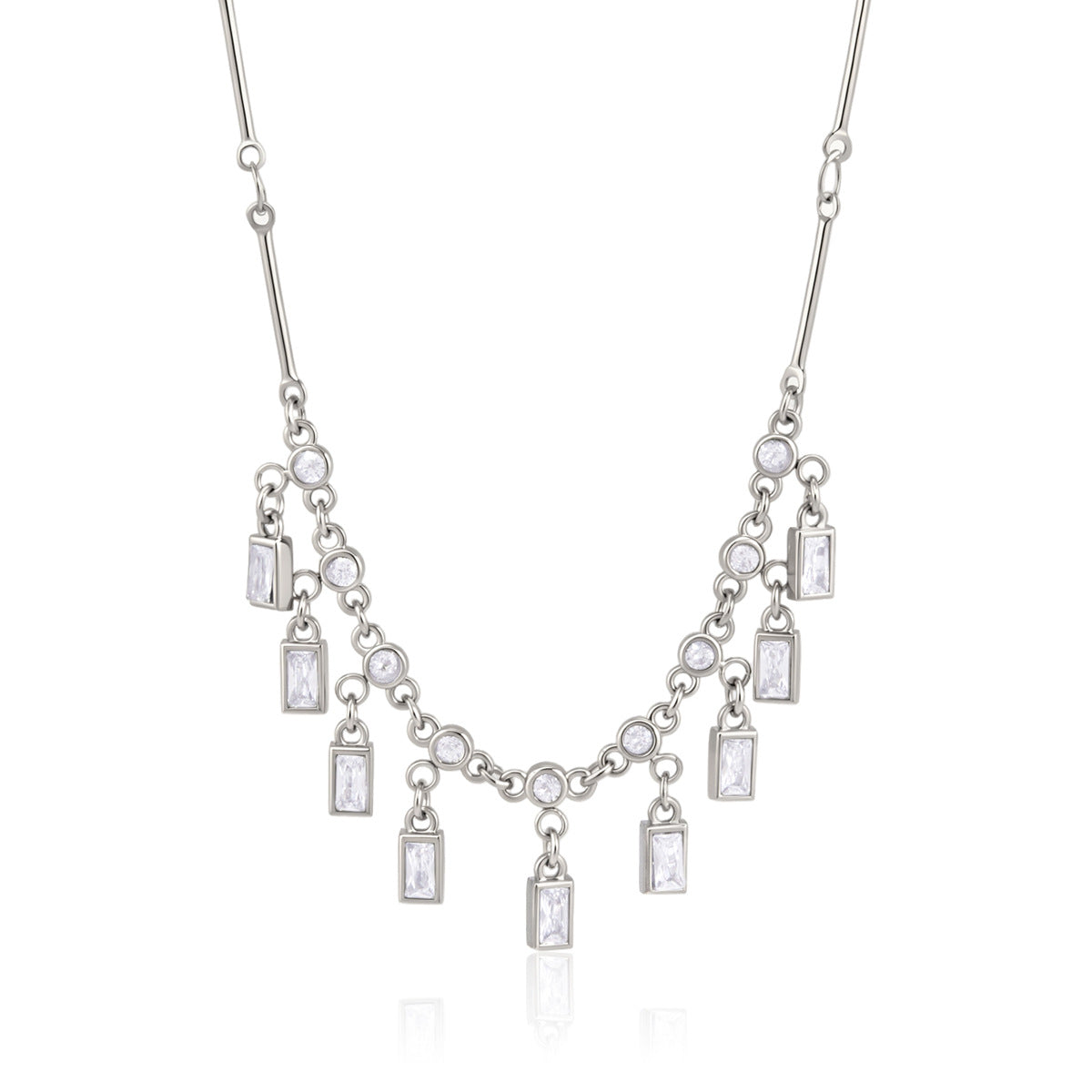 Front view of round connectors and rectangular clear stone drops