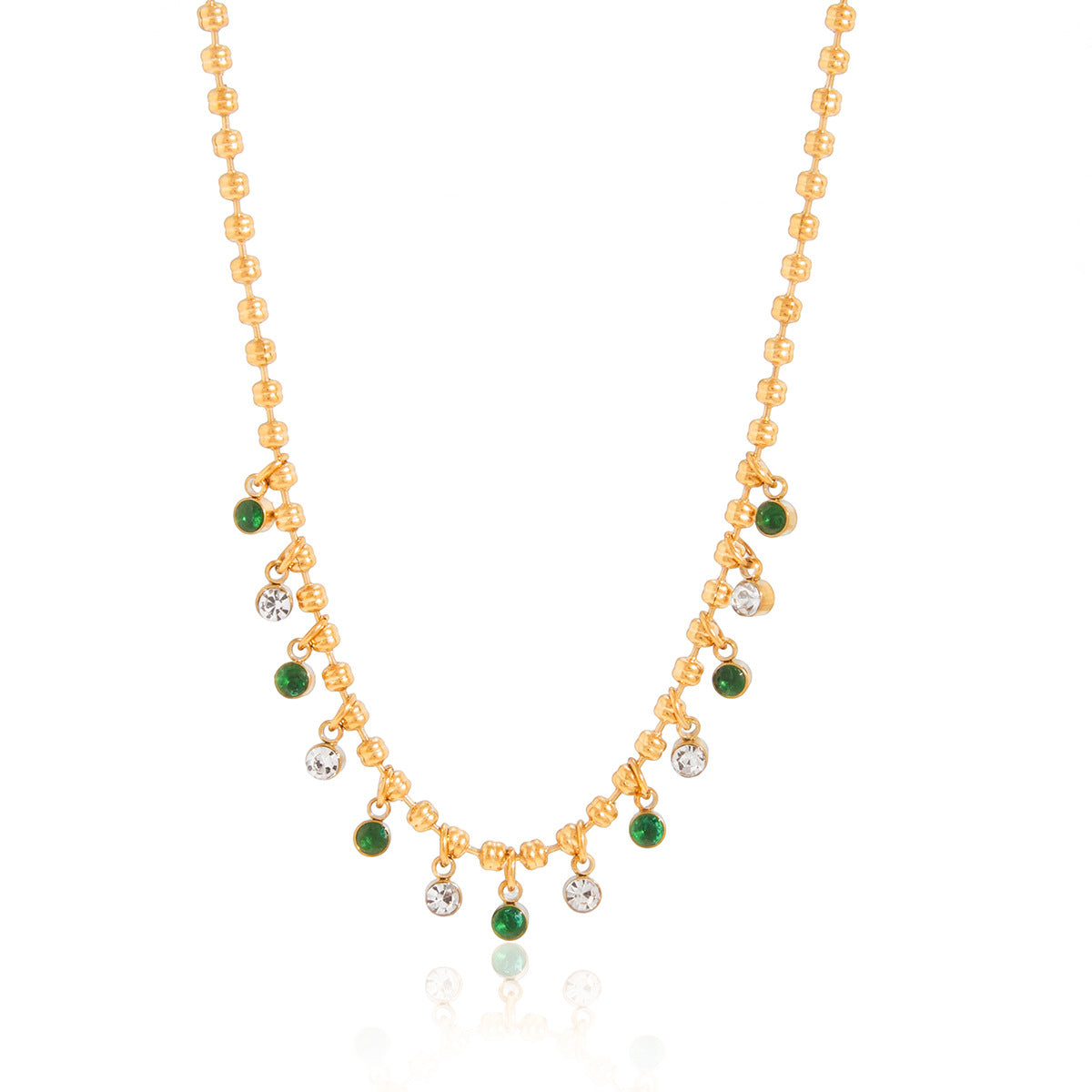 Green-accent fringe necklace on white