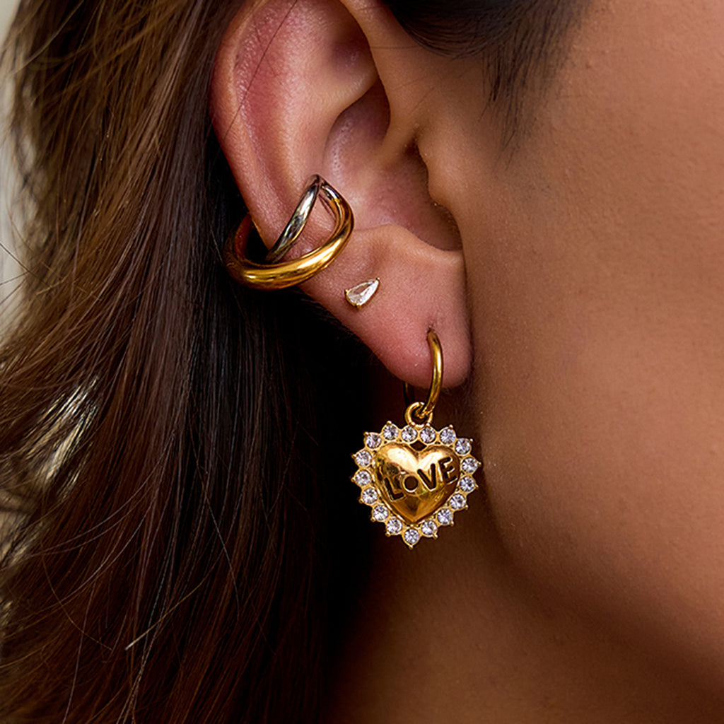 Stainless Steel Heart and Clear Accent Earring Collection – styled view