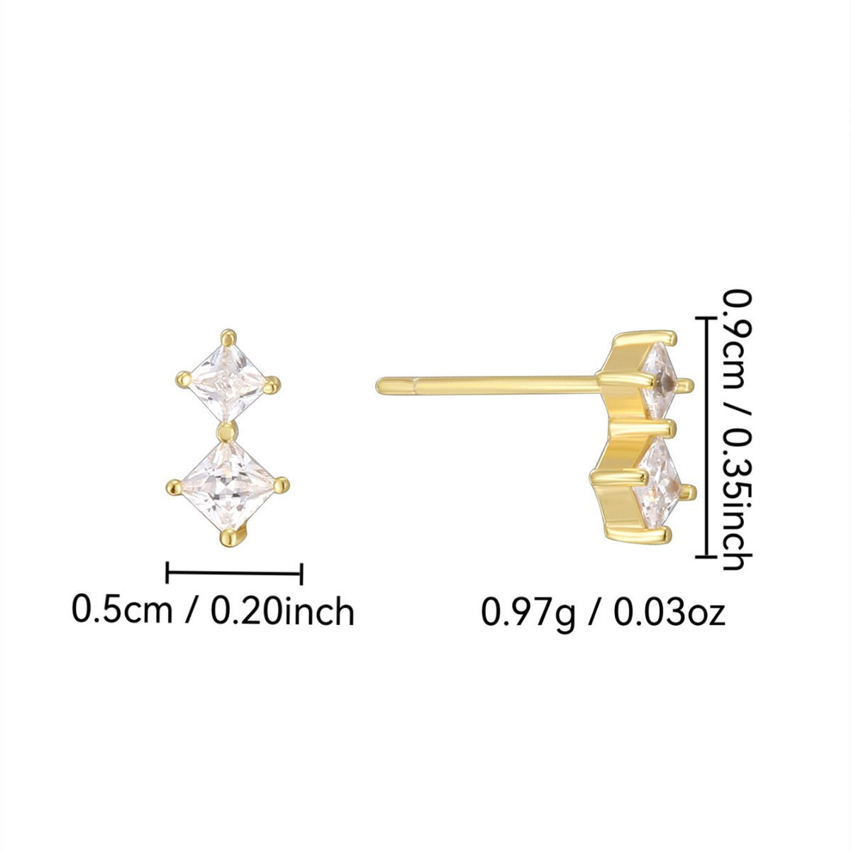 square stone studs with 9 by 5 mm size and 0.97 g weight