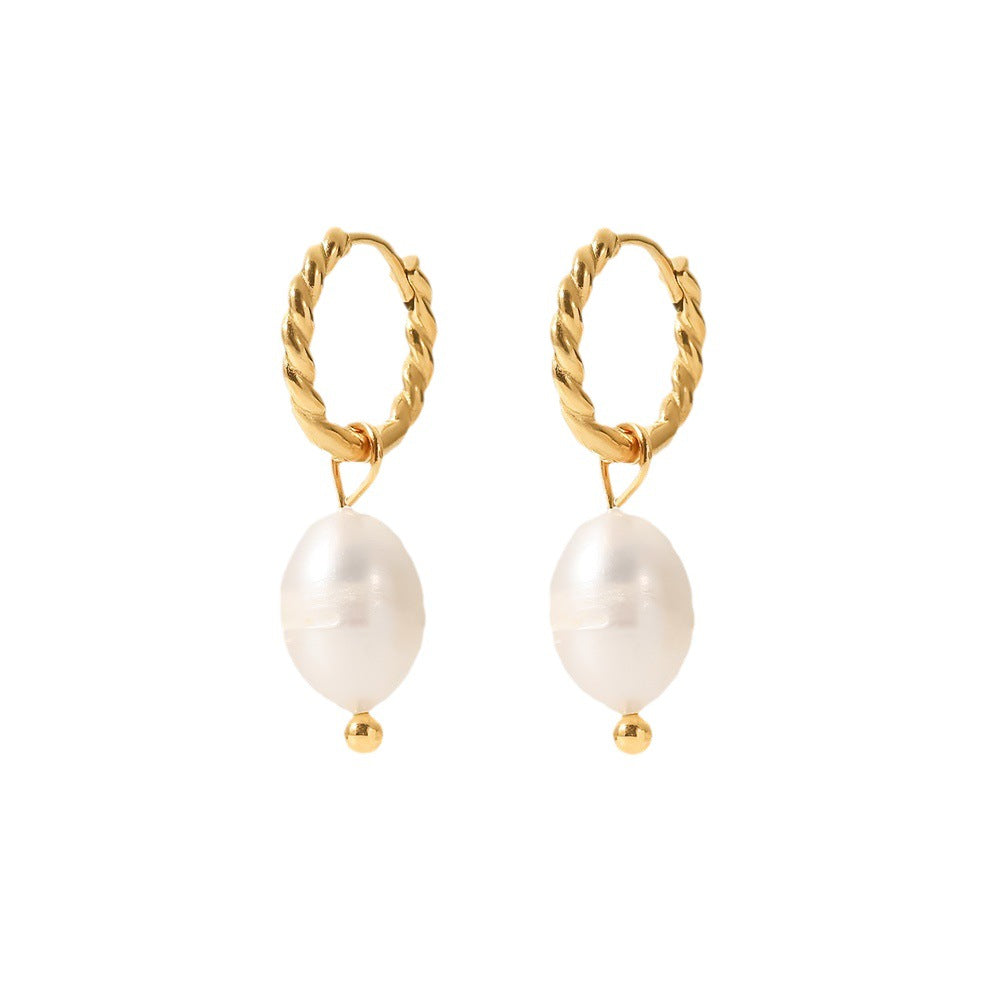 Front view of rope-textured hoops with freshwater pearl drops