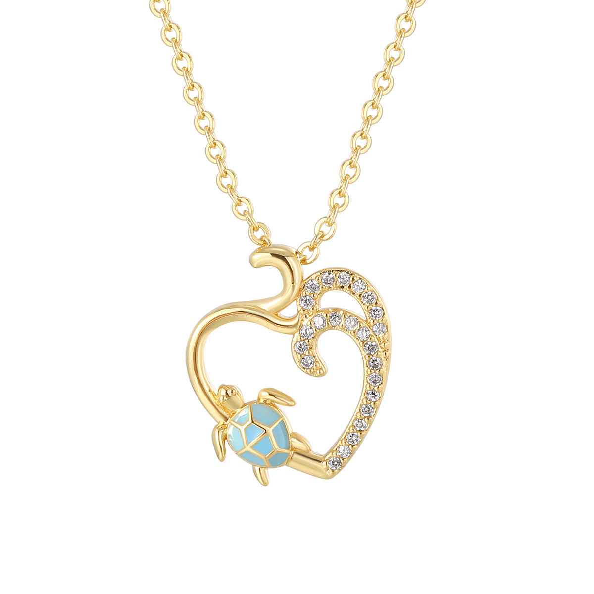 front view of blue resin turtle heart pendant necklace