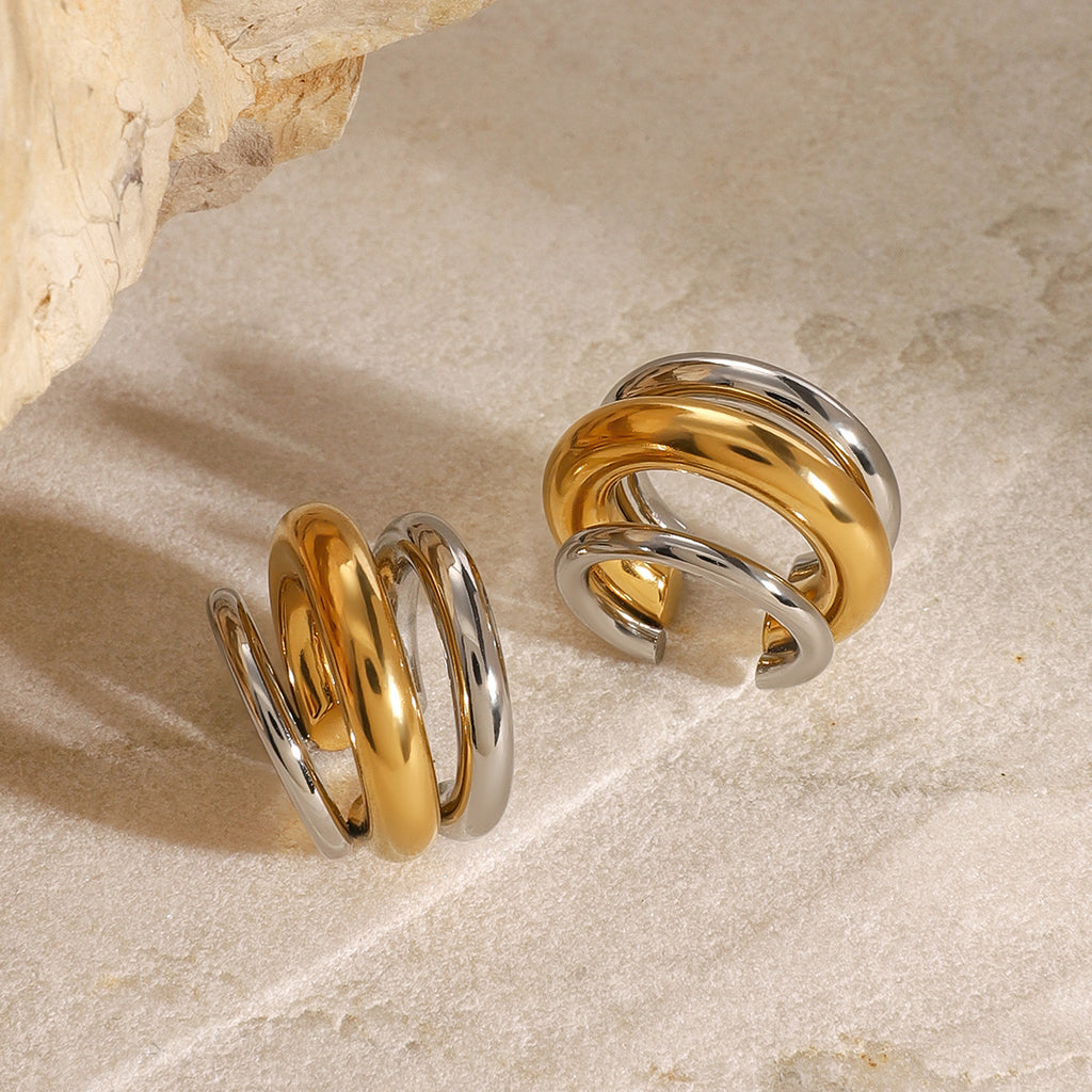 Two-Tone Sculptural Stainless Steel Clip-On Earrings styled product view