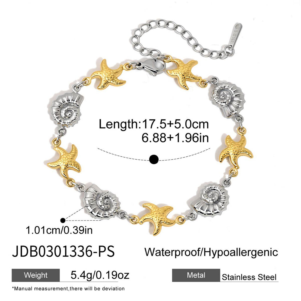 Two-tone starfish and spiral-shell bracelet with extension chain