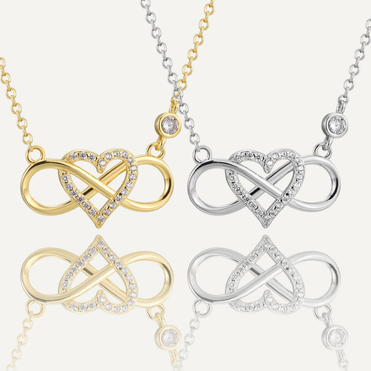 gold plated and silver finish zirconia infinity heart necklaces with reflections