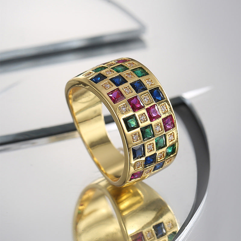 angled wide band ring with red green blue and clear zirconia