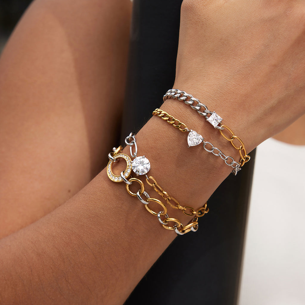 Two-Tone Clear Accent Stainless Steel Chain Bracelet Collection — mixed-link bracelet view