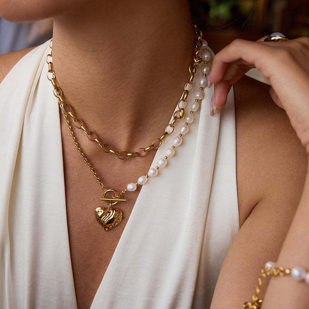 Gold-Tone Pearl-Look Heart Stainless Steel Necklace Collection – styled view