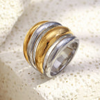 front angle of alternating gold plated and silver-finish rounded bands