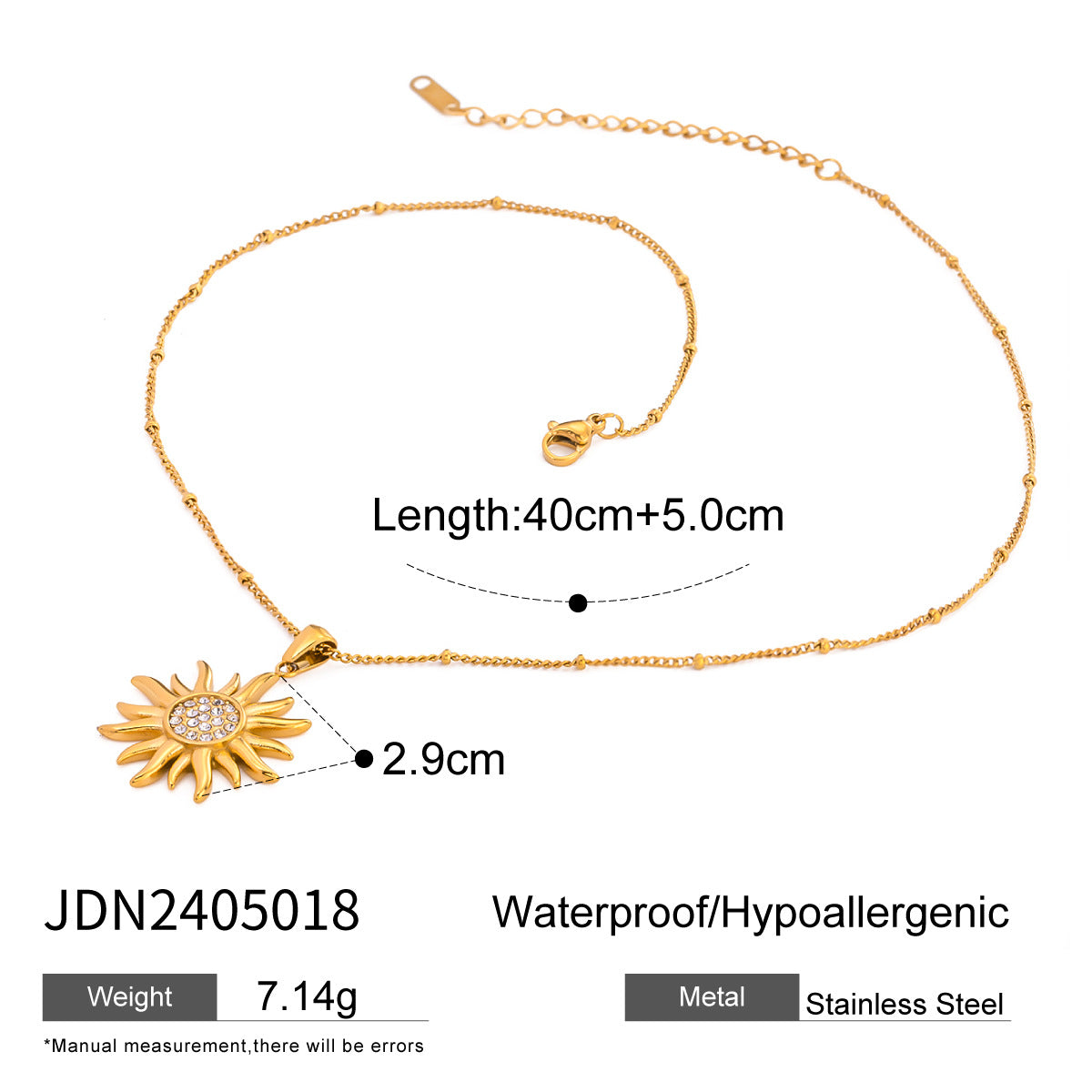 Stainless steel sunburst necklace with pendant size and chain length