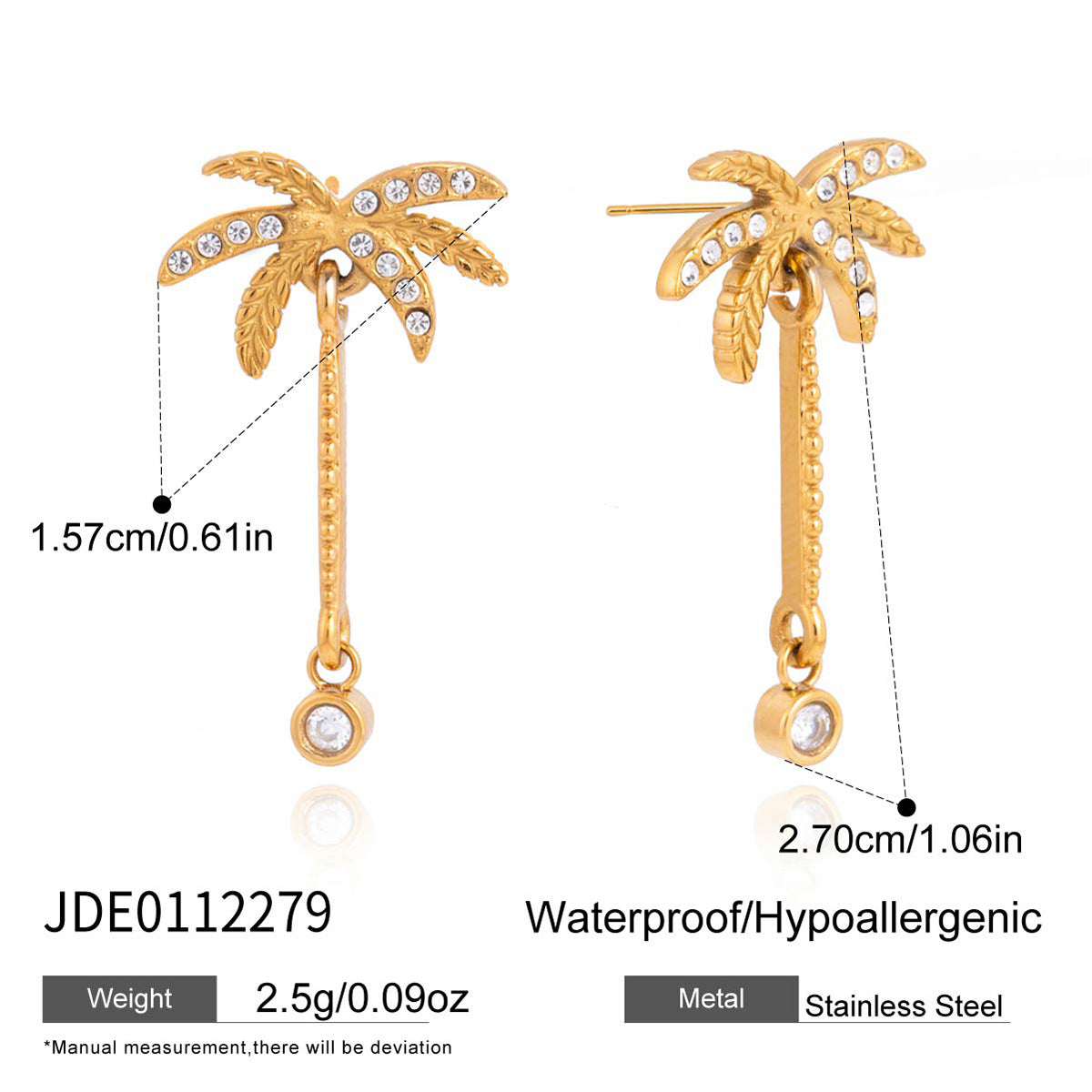 Palm tree post earrings with dangling round accents