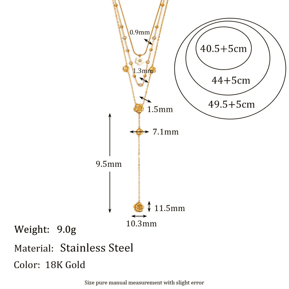 three-tier lariat necklace with chain length and floral detail measurements