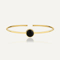 gold plated brass open bangle with round black agate cabochon