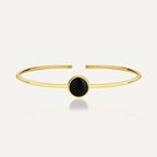 gold plated brass open bangle with round black agate cabochon