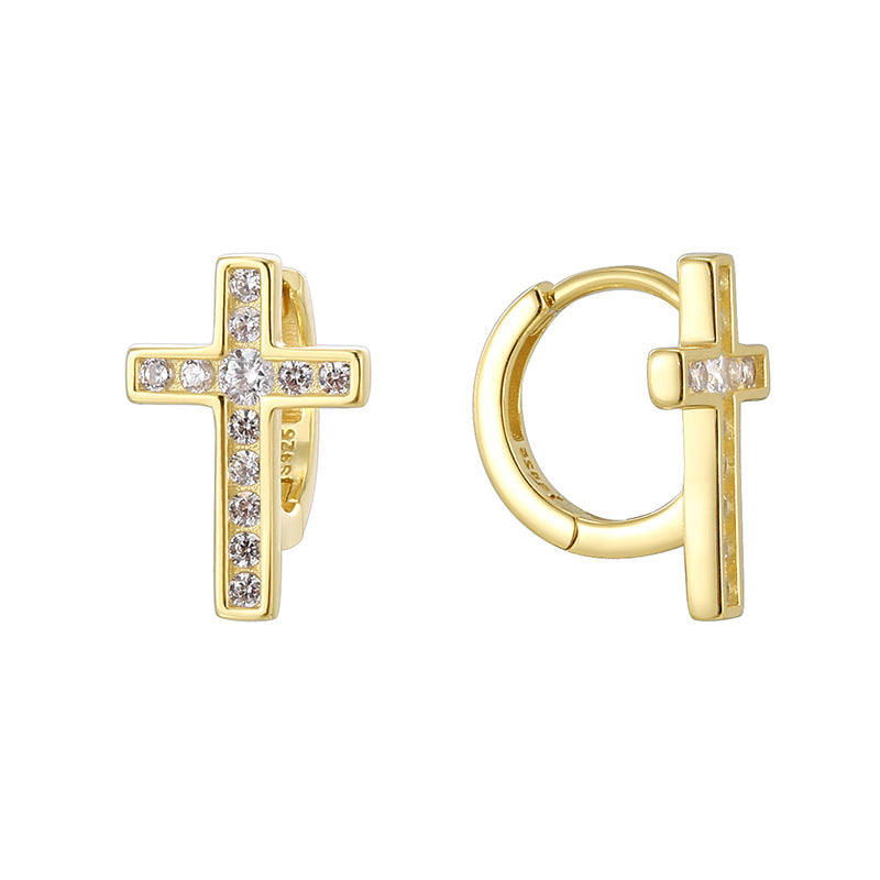 gold plated 925 sterling silver pavé cross huggie hoop earrings — product image 5 of 9