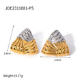 Folded triangular two-tone stud earrings with size information
