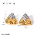 Folded triangular two-tone stud earrings with size information