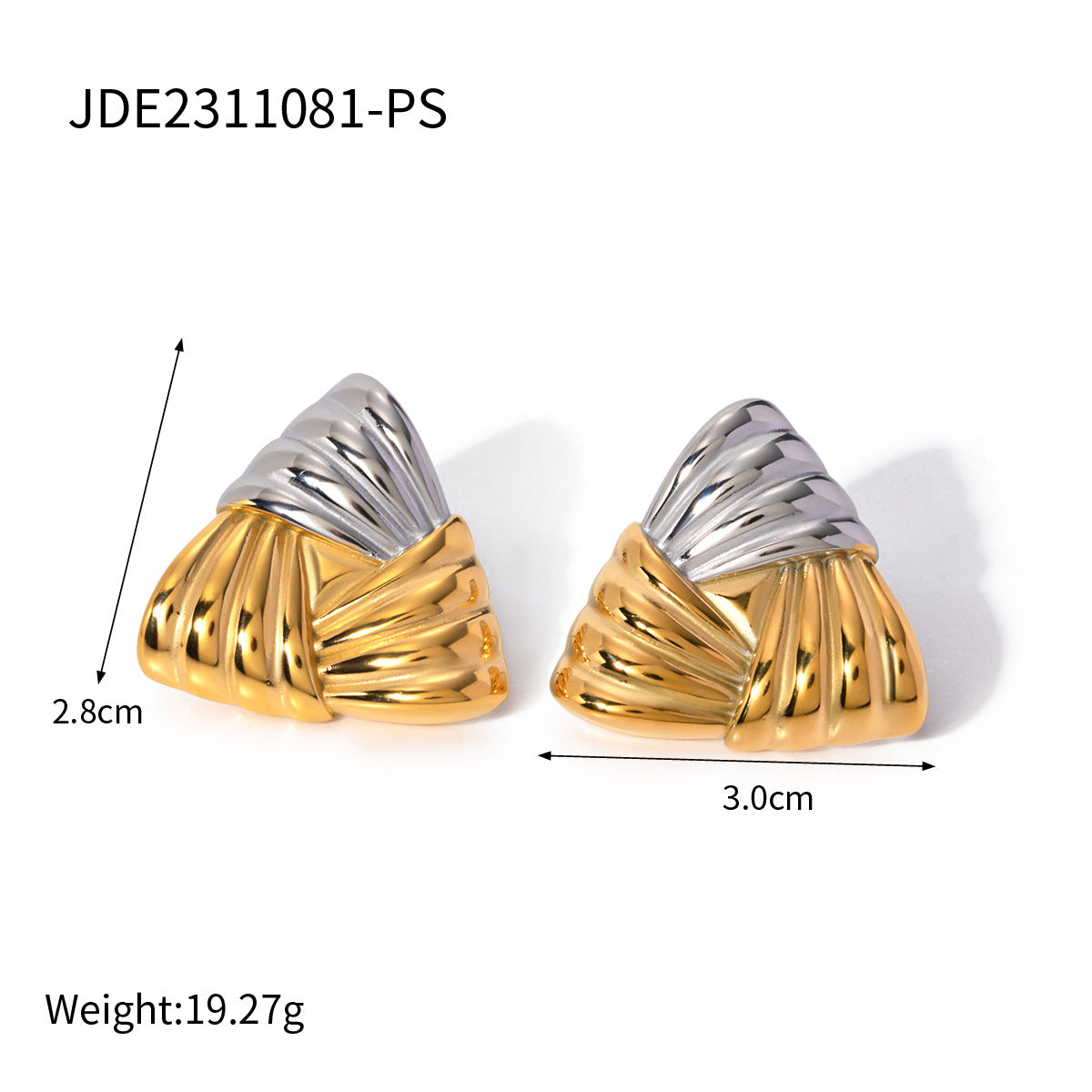 Folded triangular two-tone stud earrings with size information