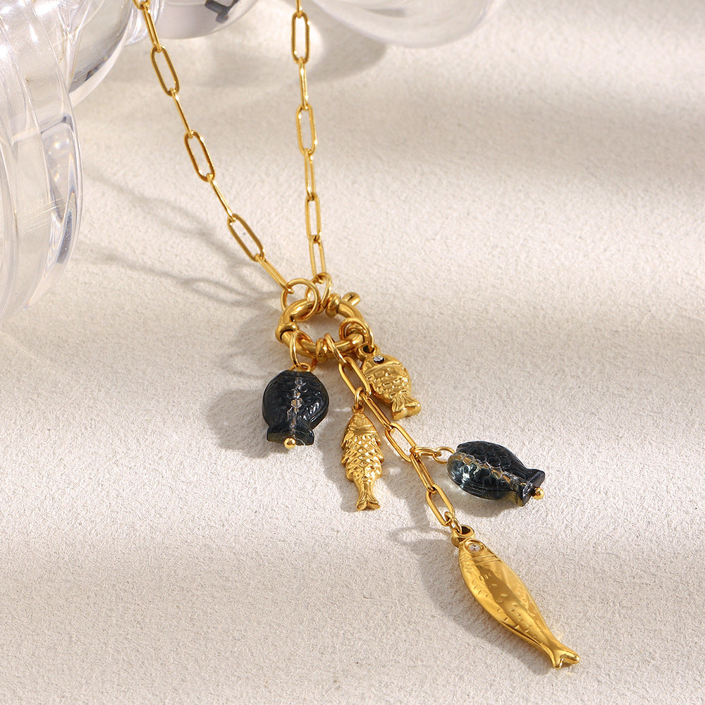 Gold Plated Stainless Steel Fish Pendant Paperclip Necklace — paperclip chain detail