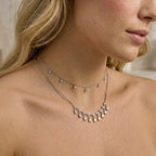 Close-up of clear stone fringe necklace worn at the neckline