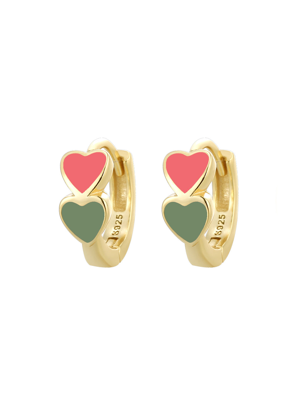 Gold Plated 925 Sterling Silver Colorful Double Heart Hoop Earrings — pink and green hearts