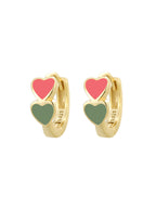 Gold Plated 925 Sterling Silver Colorful Double Heart Hoop Earrings — pink and green hearts