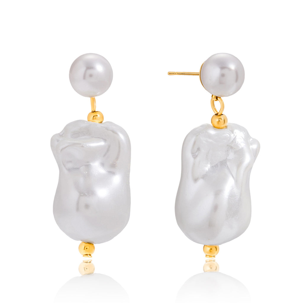 Wholesale Gold-Tone Stainless Steel Imitation Baroque Pearl Drop Earrings - design detail