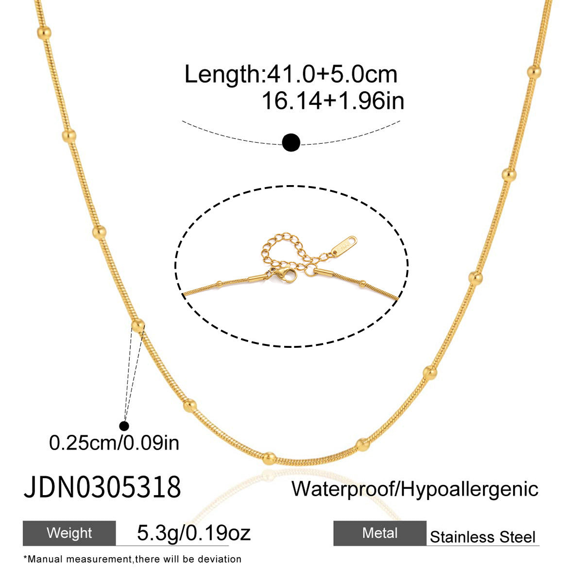 Single bead station chain with dimensions