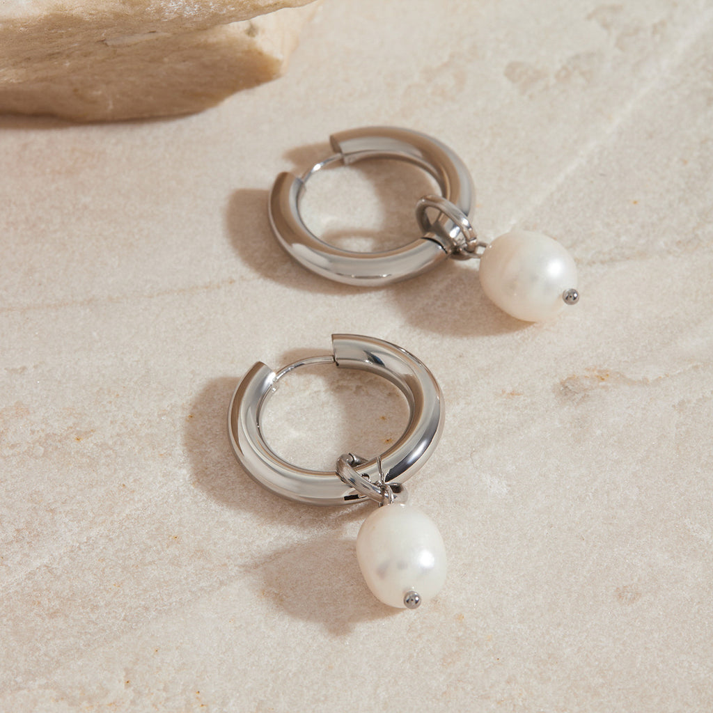 Silver-Finish Pearl-Look Stainless Steel Drop Hoop Earrings – close-up view