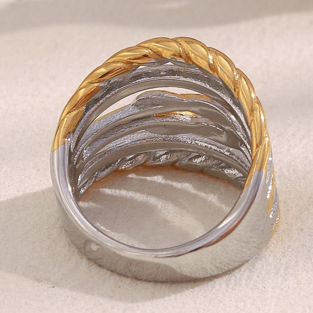 rear view of the wide two-tone layered stainless steel ring