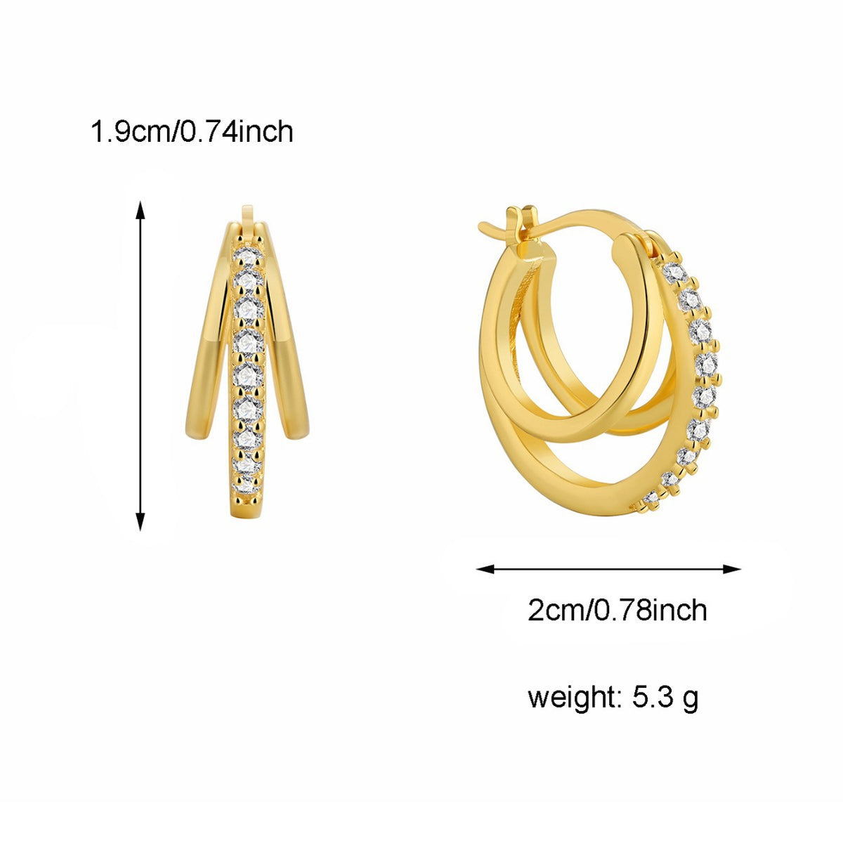 triple hoop clear stone earrings with 19 by 20 millimeter measurements