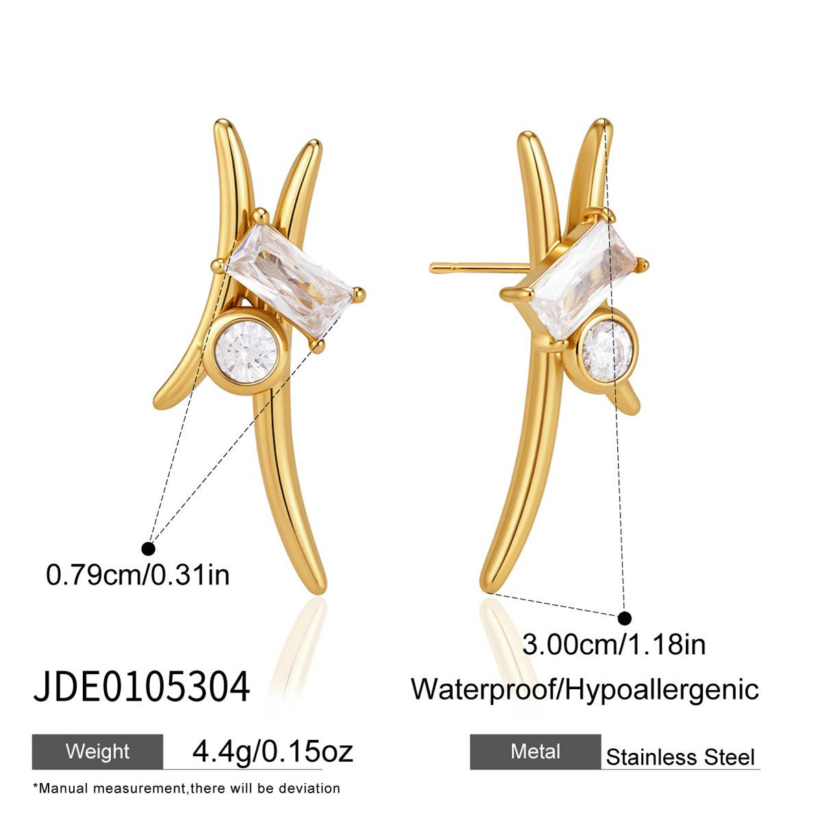 Curved zirconia stud earrings with supplier size diagram