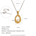 Gold Plated and Silver 316L Stainless Steel Oval Pearl Necklace — chain length clasp and pendant measurements