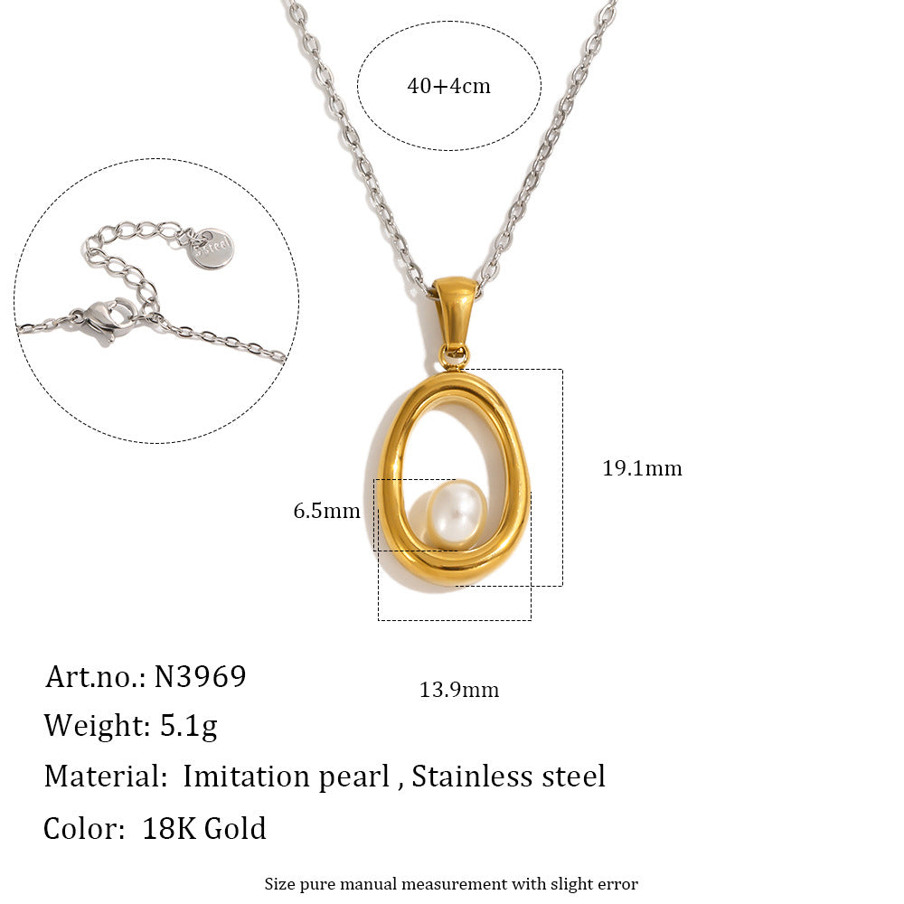 Gold Plated and Silver 316L Stainless Steel Oval Pearl Necklace — 40 cm chain plus 4 cm extension size diagram