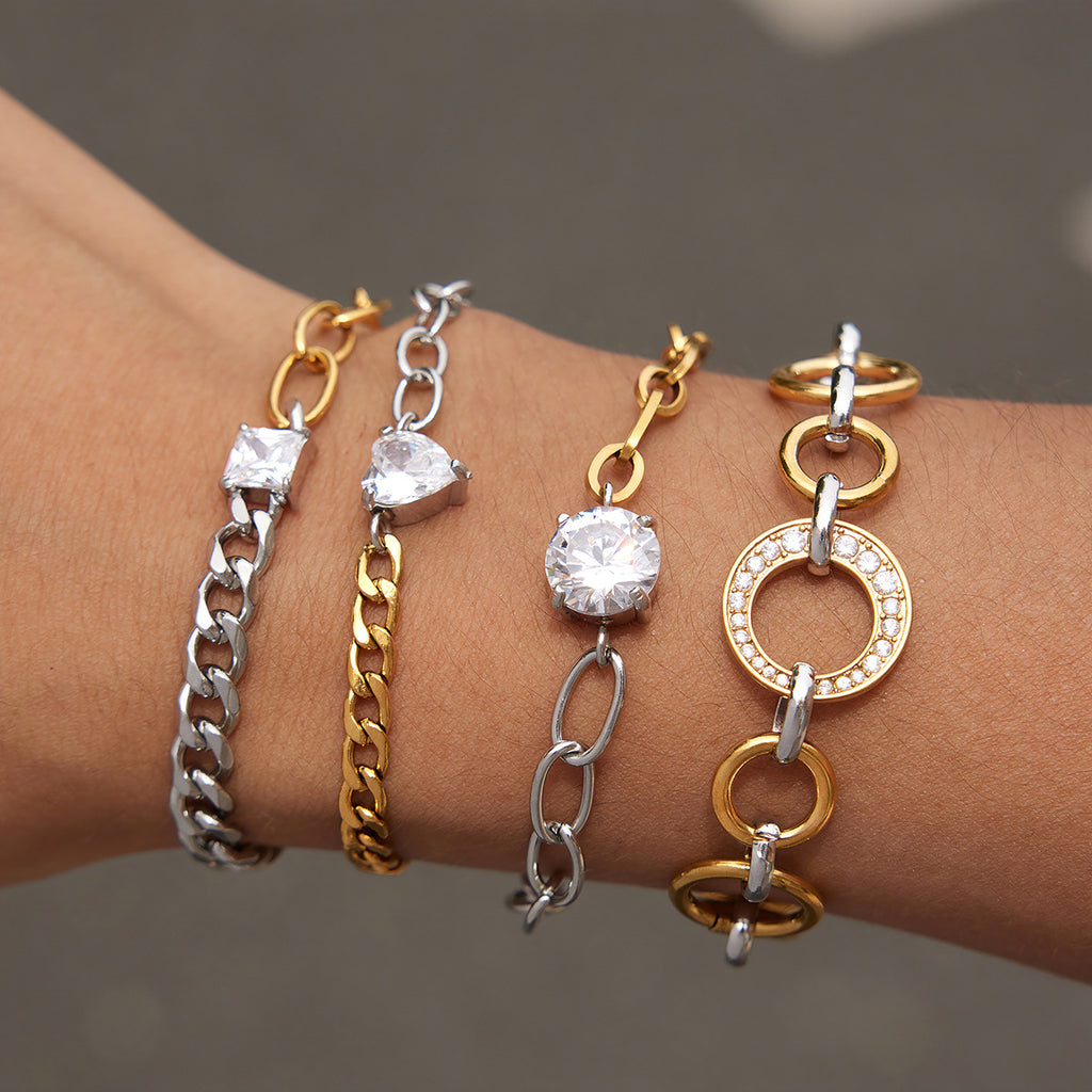 Two-Tone Clear Accent Stainless Steel Chain Bracelet Collection — six-bracelet assortment