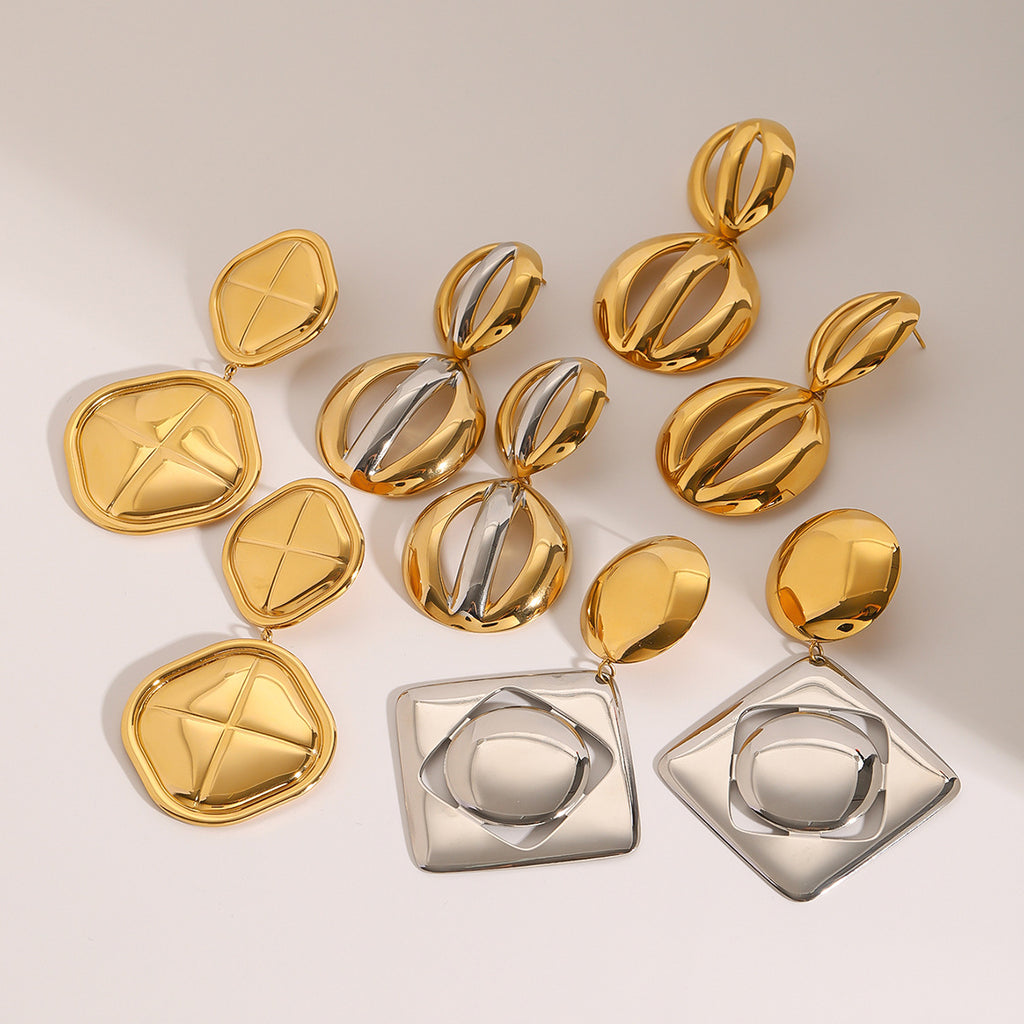 Gold-Tone and Two-Tone Stainless Steel Statement Drop Earrings on-model view