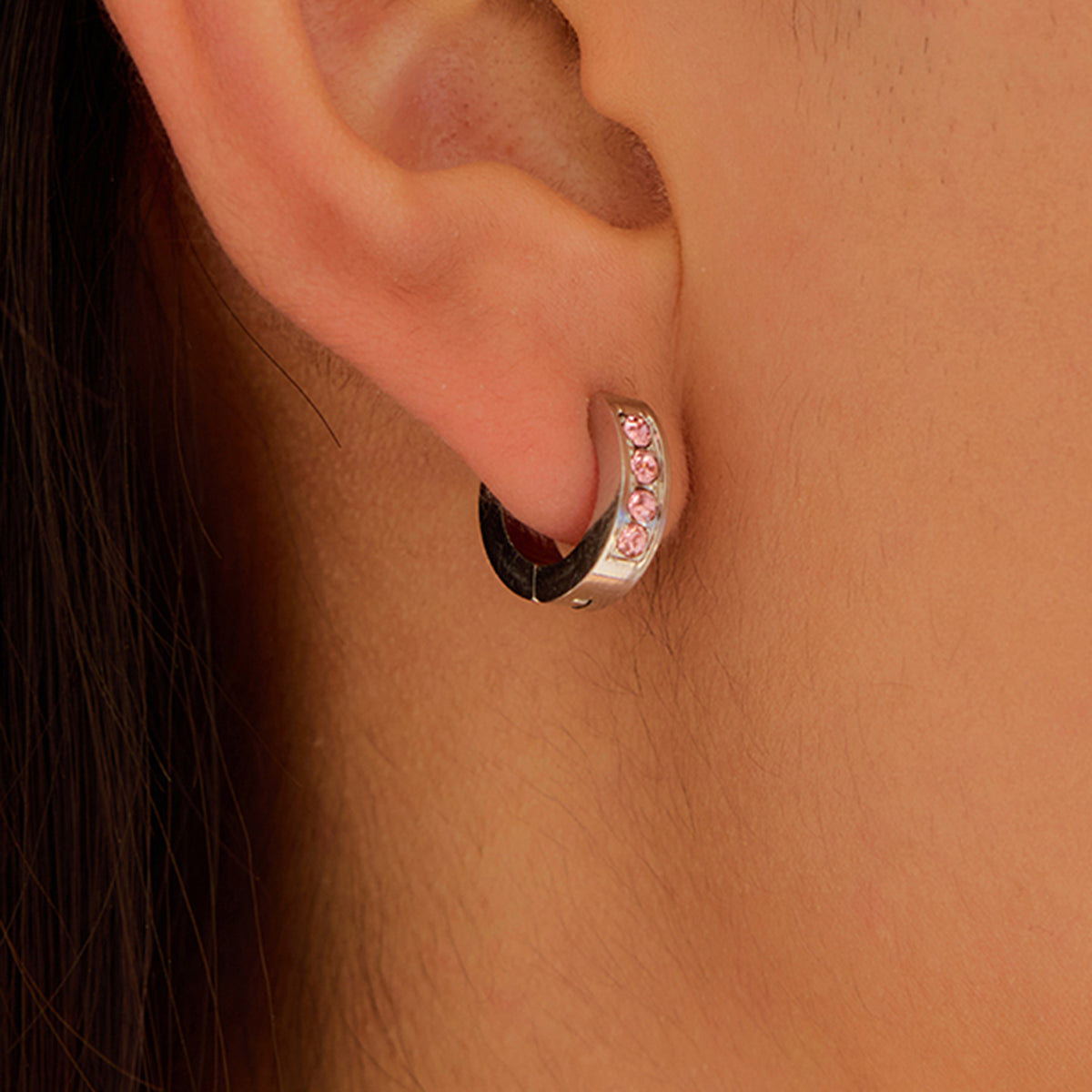 Pink Clear-Stone Stainless Steel Hoop Earring Collection styled product view